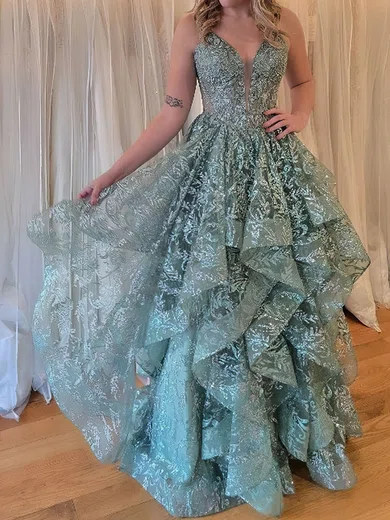 Princess V-neck Lace Ruffle Prom Dresses With Appliques #UKM020126669