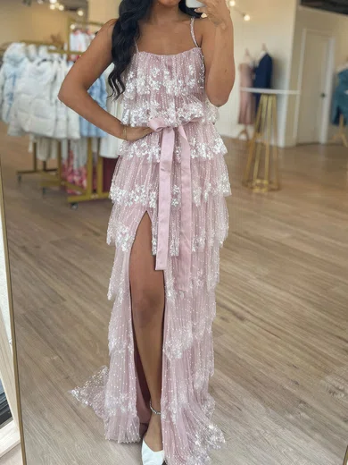 Sheath/Column Square Neck Tulle Tiered Prom Dresses With Appliques #UKM020126671