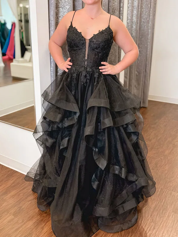 Princess V-neck Tulle Ruffle Prom Dresses With Appliques #UKM020126676