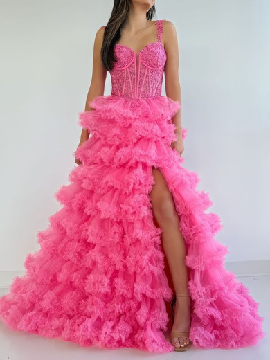 Ball Gown Sweetheart Tulle Ruffle Tiered Prom Dresses With Appliques #UKM020126683