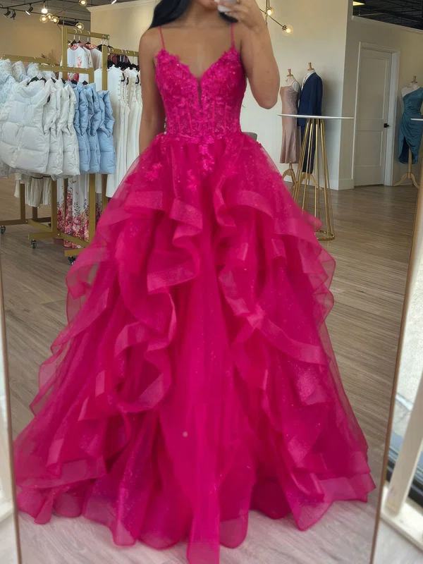 Princess V-neck Tulle Ruffle Prom Dresses With Appliques #UKM020126686