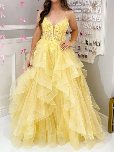 Princess V-neck Tulle Ruffle Prom Dresses With Appliques #UKM020126687