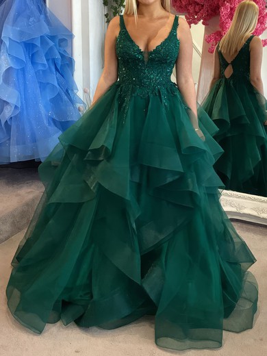 Princess V-neck Tulle Ruffle Prom Dresses With Appliques #UKM020126709