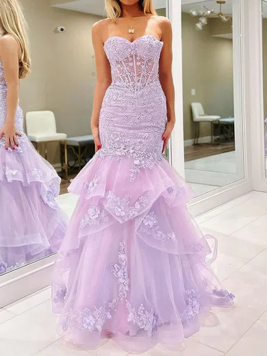 Mermaid Strapless Tulle Ruffle Prom Dresses With Appliques #UKM020126713