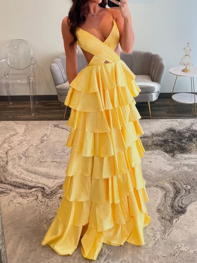 Ball Gown V-neck Cut Out Satin Tiered Prom Dresses #UKM020126716