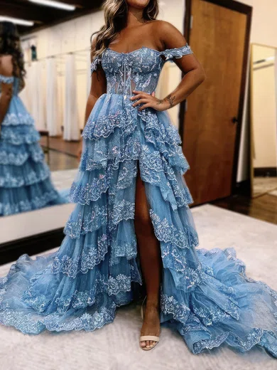 Ball Gown Off-the-shoulder Tulle Tiered Prom Dresses With Appliques #UKM020126724