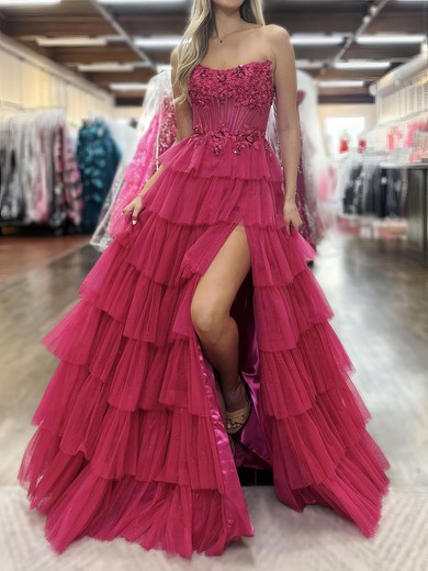 Ball Gown Strapless Tulle Tiered Prom Dresses With Appliques #UKM020126734