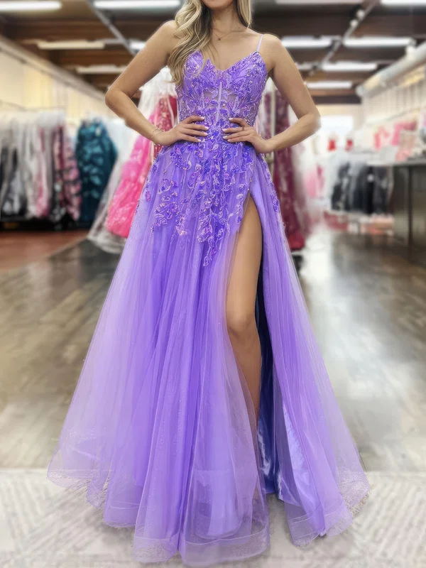 A-line V-neck Tulle Prom Dresses With Appliques #UKM020126735