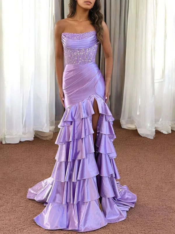 Mermaid Strapless Satin Ruffle Tiered Prom Dresses With Appliques #UKM020126743