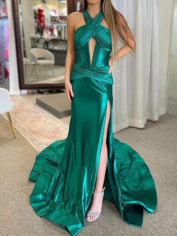 Elegant Trumpet/Mermaid Satin Ruched Split Prom Dresses #UKM020126755