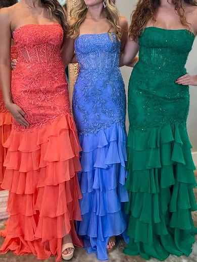 Mermaid Strapless Chiffon Tiered Prom Dresses With Appliques #UKM020126779