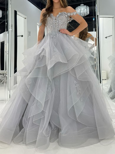 Princess Off-the-shoulder Tulle Ruffle Prom Dresses With Appliques #UKM020126807