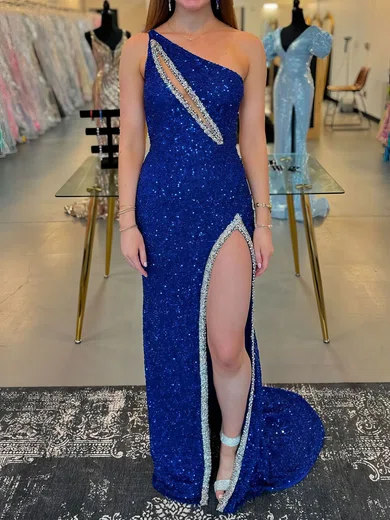 Sheath/Column One Shoulder Cut Out Sparkly Sequin Prom Dresses #UKM020126820