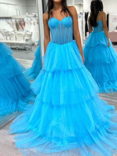 Ball Gown Strapless Tulle Ruffle Tiered Prom Dresses #UKM020126841