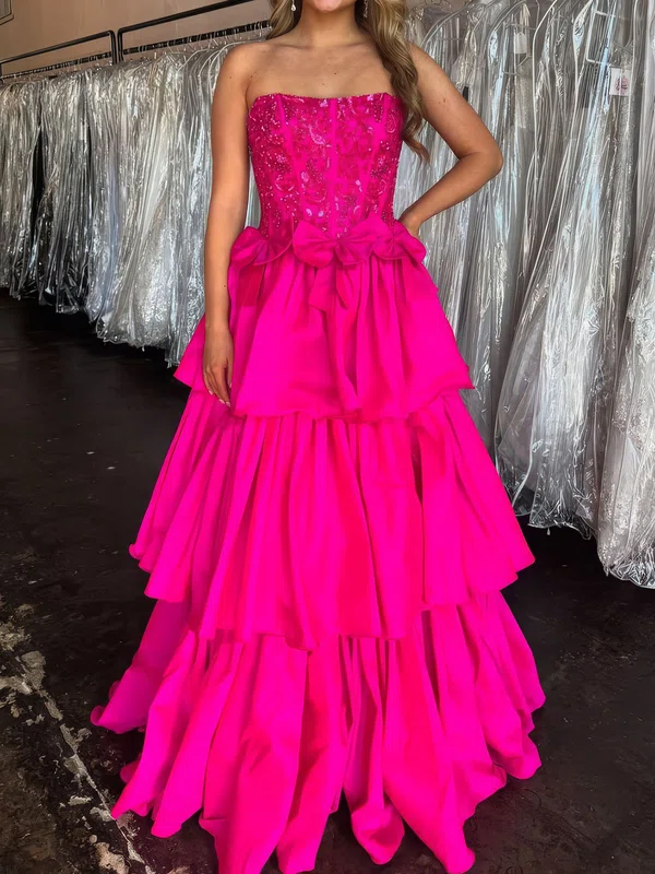 Ball Gown Strapless Satin Tiered Prom Dresses With Appliques #UKM020126848
