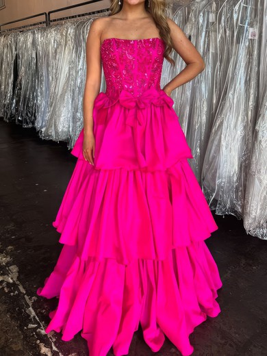 Ball Gown Strapless Satin Tiered Prom Dresses With Appliques #UKM020126848