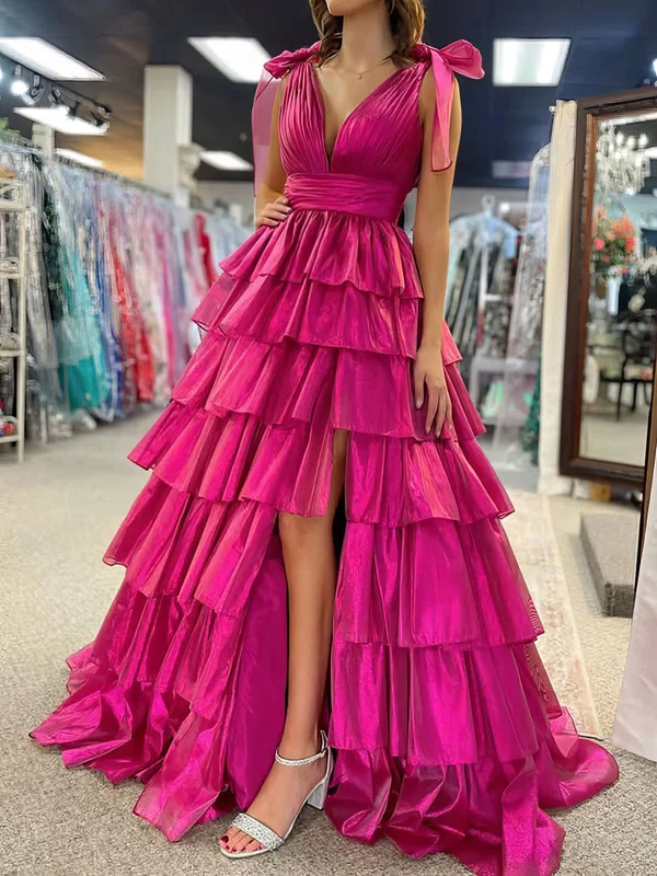 Ball Gown V-neck Tulle Ruffle Tiered Prom Dresses #UKM020126868