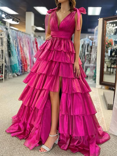 Ball Gown V-neck Tulle Ruffle Tiered Prom Dresses #UKM020126868