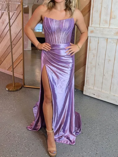 Sheath/Column Strapless Satin Corset Prom Dresses With Beading #UKM020126884