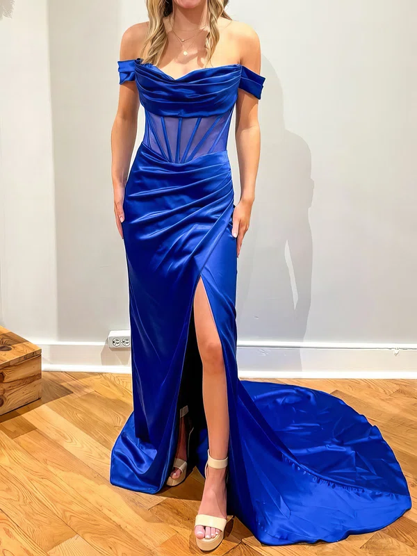 Sheath/Column Off-the-shoulder Satin Corset Prom Dresses With Ruched #UKM020126890