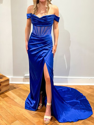 Sheath/Column Off-the-shoulder Satin Corset Prom Dresses With Ruched #UKM020126890
