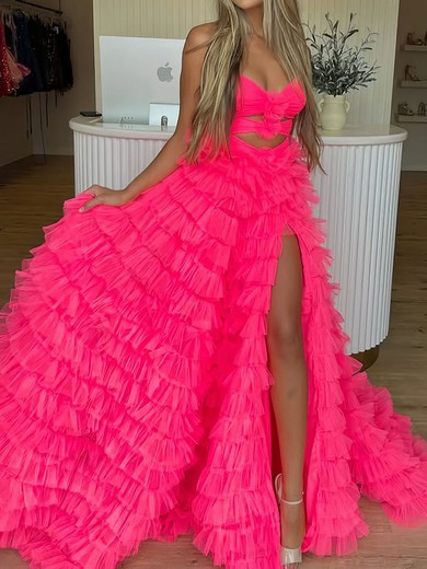Ball Gown Strapless Tulle Cut Out Ruffle Tiered Prom Dresses #UKM020126901