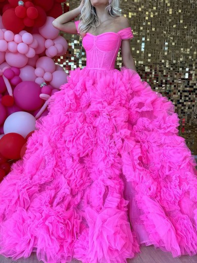 Ball Gown Off-the-shoulder Tulle Ruffle Tiered Prom Dresses #UKM020126905