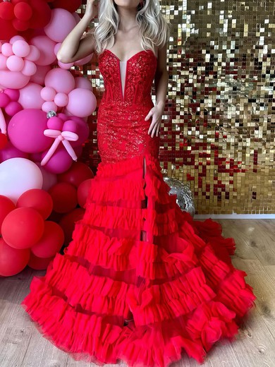 Mermaid Strapless Tulle Ruffle Tiered Prom Dresses With Appliques #UKM020126906