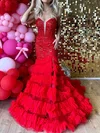 Mermaid Strapless Tulle Ruffle Tiered Prom Dresses With Appliques #UKM020126906