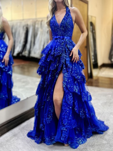 Ball Gown Halter Sequin Backless Tiered Prom Dresses #UKM020126911