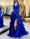 Ball Gown Halter Sequin Backless Tiered Prom Dresses #UKM020126911