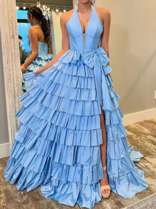 Ball Gown Halter Taffeta Ruffle Tiered Prom Dresses With Bow #UKM020126914