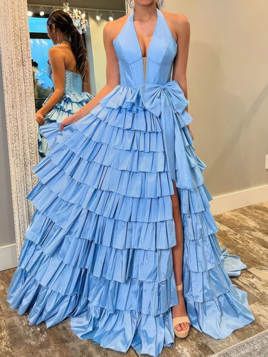 Ball Gown Halter Taffeta Ruffle Tiered Prom Dresses With Bow #UKM020126914