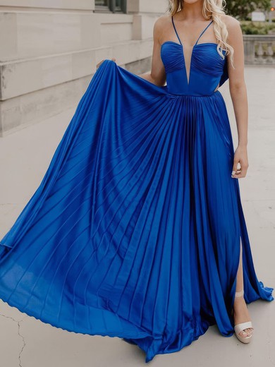 A-line Halter Satin Cut Out Pleated Prom Dresses With Bow #UKM020126915