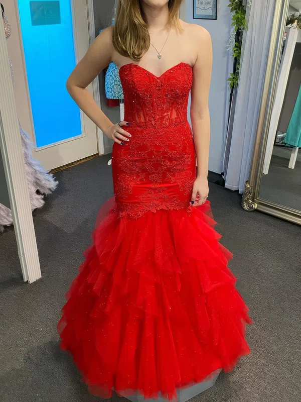 Mermaid Strapless Tulle Ruffle Prom Dresses With Appliques #UKM020126925