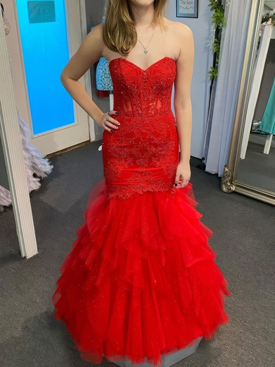 Mermaid Strapless Tulle Ruffle Prom Dresses With Appliques #UKM020126925