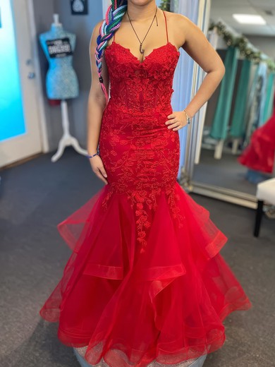 Mermaid Sweetheart Tulle Ruffle Prom Dresses With Appliques #UKM020126931