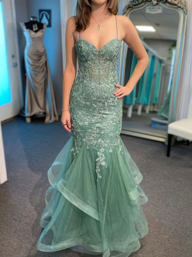 Mermaid Sweetheart Tulle Ruffle Prom Dresses With Appliques #UKM020126934