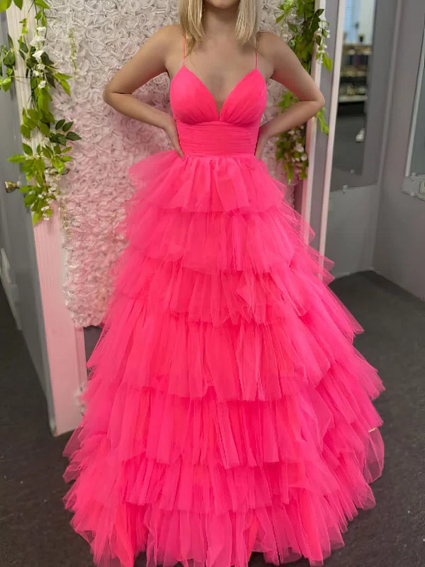 Ball Gown V-neck Tulle Ruffle Tiered Prom Dresses #UKM020126935