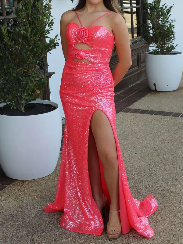 Sheath/Column Halter Cut Out Sparkly Sequin Prom Dresses With Ruched #UKM020126939