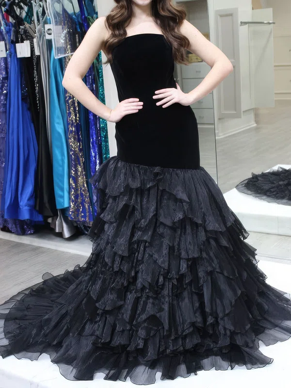 Mermaid Strapless Tulle Velvet Ruffle Tiered Prom Dresses #UKM020126940