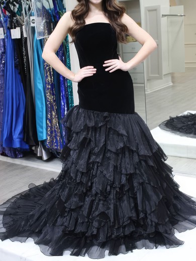 Mermaid Strapless Tulle Velvet Ruffle Tiered Prom Dresses #UKM020126940