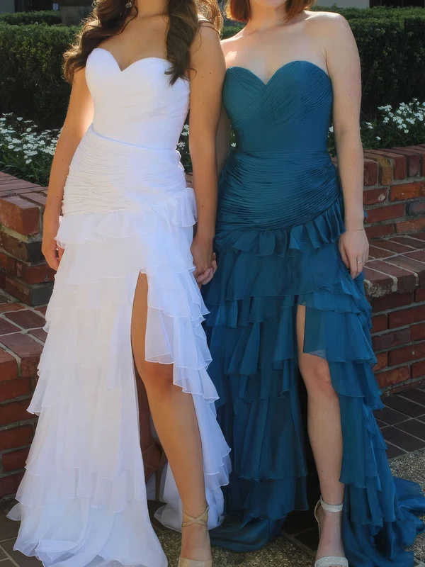 Mermaid Strapless Chiffon Ruffle Tiered Prom Dresses #UKM020126942