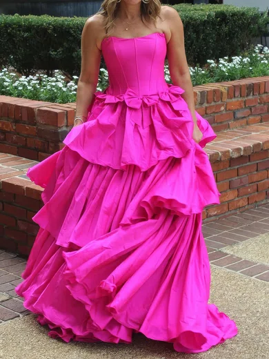 Ball Gown Strapless Satin Tiered Prom Dresses With Bow #UKM020126943