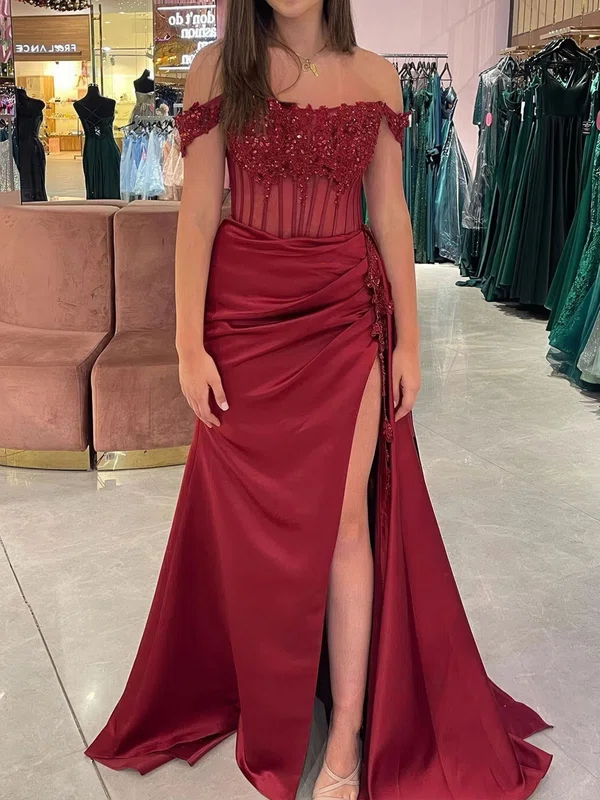 Sheath/Column Off-the-shoulder Satin Corset Prom Dresses With Appliques #UKM020126946