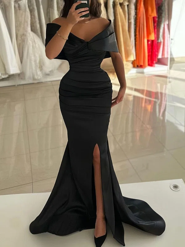 Mermaid Off-the-shoulder Satin Prom Dresses With Ruched #UKM020126950