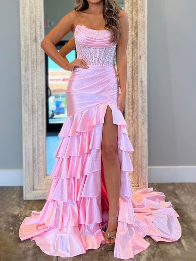 Mermaid Strapless Satin Tiered Prom Dresses With Appliques #UKM020126952