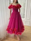 Ball Gown Off-the-shoulder Tulle 3D Floral Prom Dresses With Ruched #UKM020126960