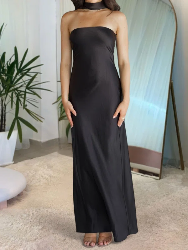 Black Sheath/Column Satin Floor-length Strapless Prom Dresses #UKM020126977