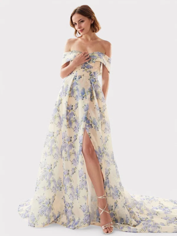 Ball Gown Off-the-shoulder Tulle Floral Prom Dresses With Ruched #UKM020126989